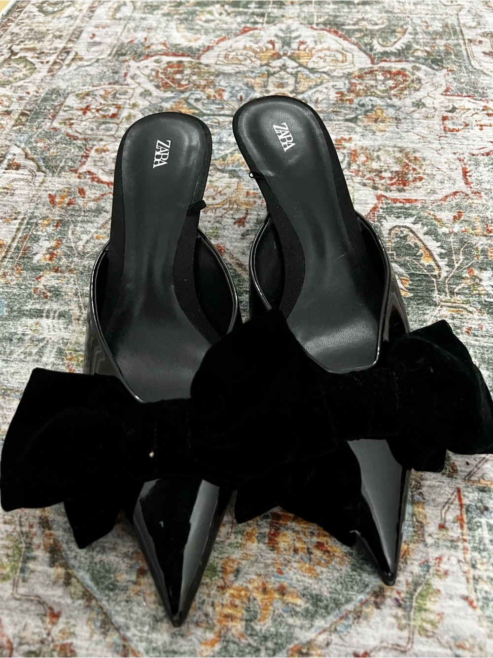 ZARA Black Patent Pointed Mules with Velvet Bow Accent
